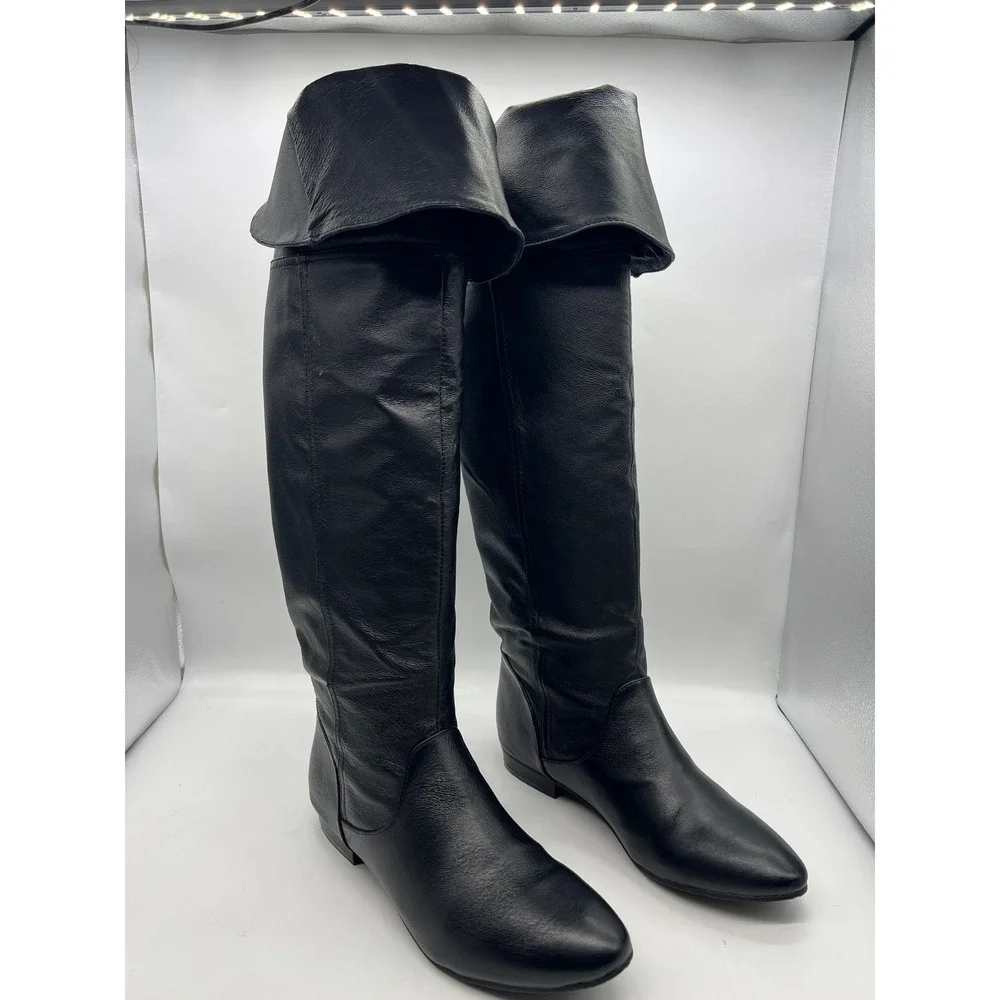 Chinese Laundry Fold Over Knee High Boots Black Faux Leather Size 10 Moto Riding